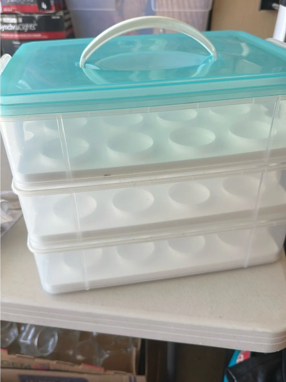 Clear Stackable 24 Cupcake Storage Organizer with Aqua Handle Lid